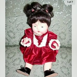Vintage, 12” Composition Baby Doll in Burgundy Velvet Dress